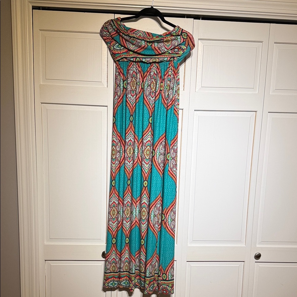 Women’s Turquoise Patterned Maxi Dress strapless